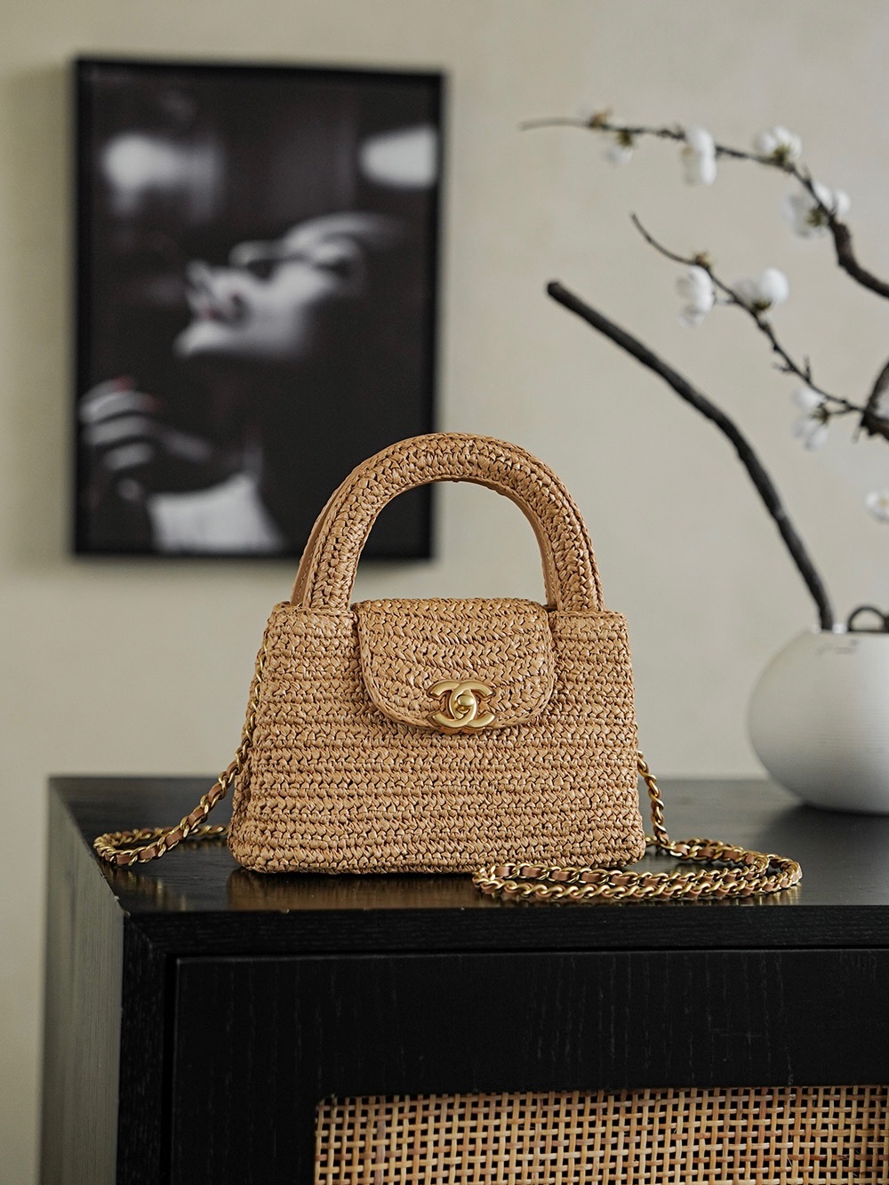 CHANEL Braided Raffia Mini Shopping Bag Braided Raffia & Gold-Tone Metal  Dark Beige