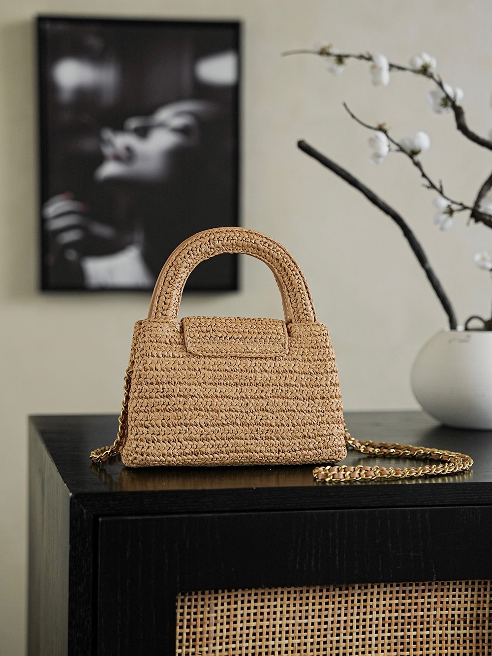 CHANEL Braided Raffia Mini Shopping Bag Braided Raffia & Gold-Tone Metal  Dark Beige