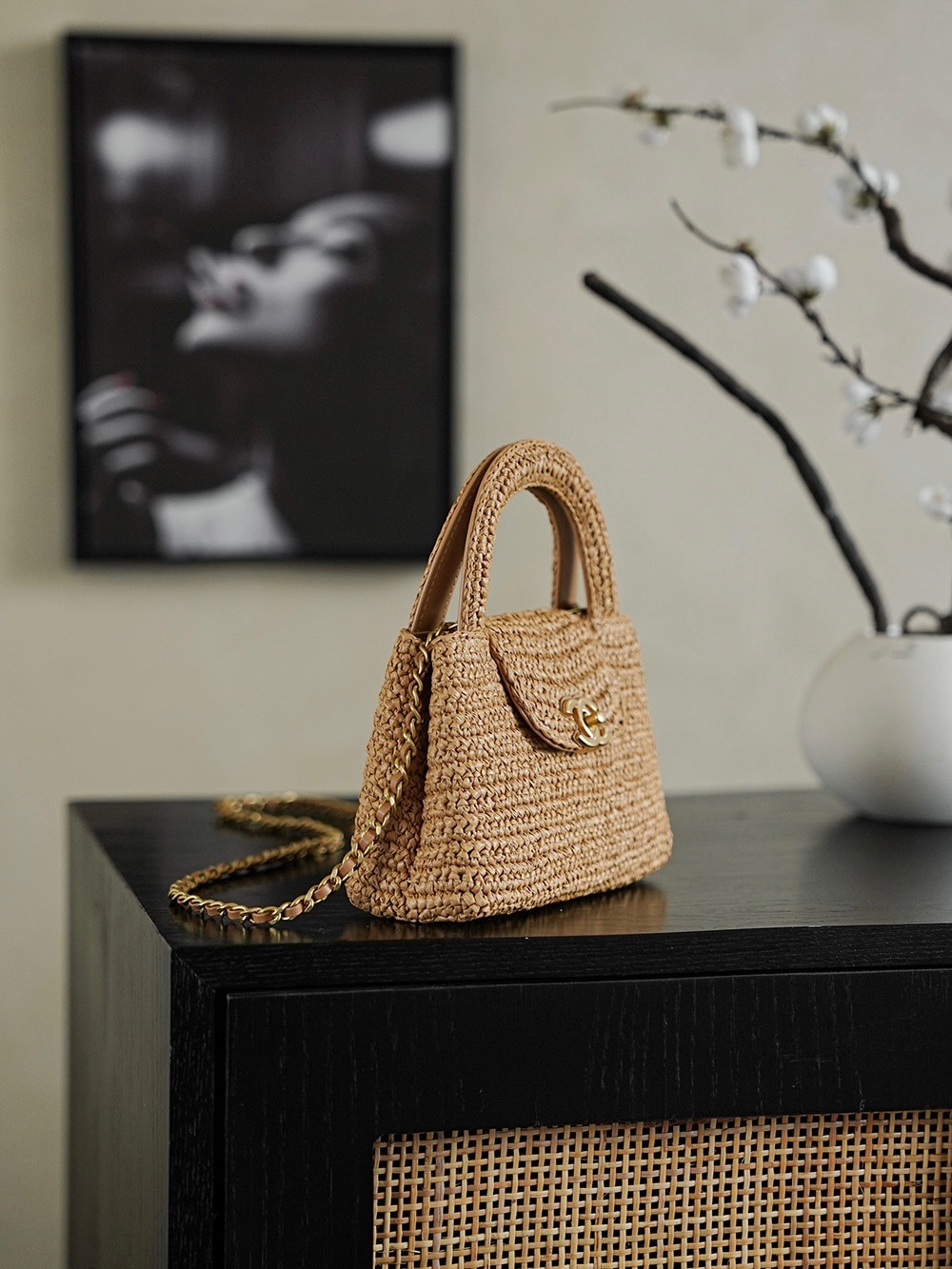 CHANEL Braided Raffia Mini Shopping Bag Braided Raffia & Gold-Tone Metal  Dark Beige