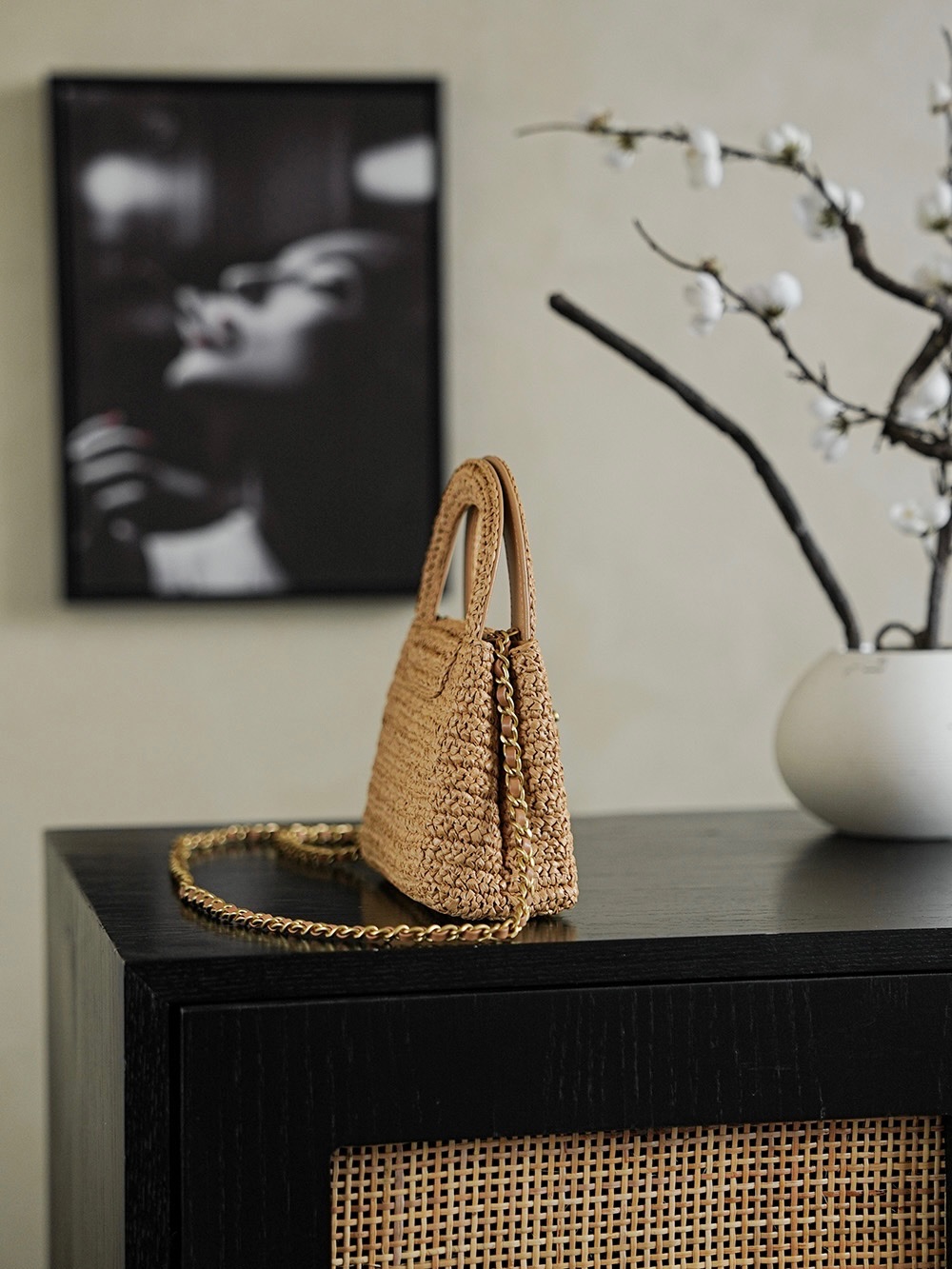 CHANEL Braided Raffia Mini Shopping Bag Braided Raffia & Gold-Tone Metal  Dark Beige