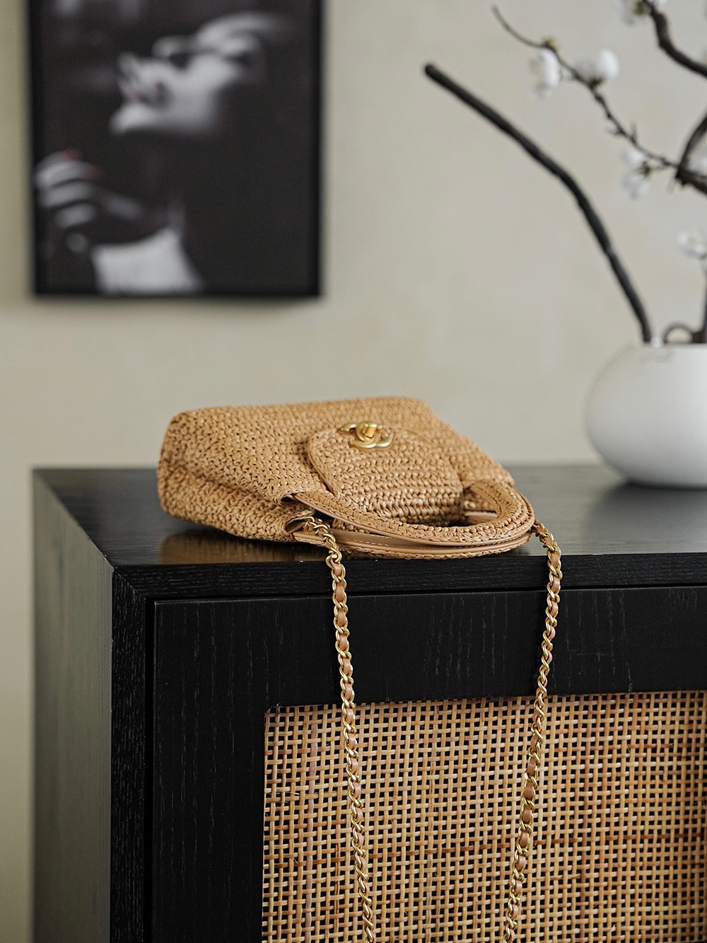 CHANEL Braided Raffia Mini Shopping Bag Braided Raffia & Gold-Tone Metal  Dark Beige
