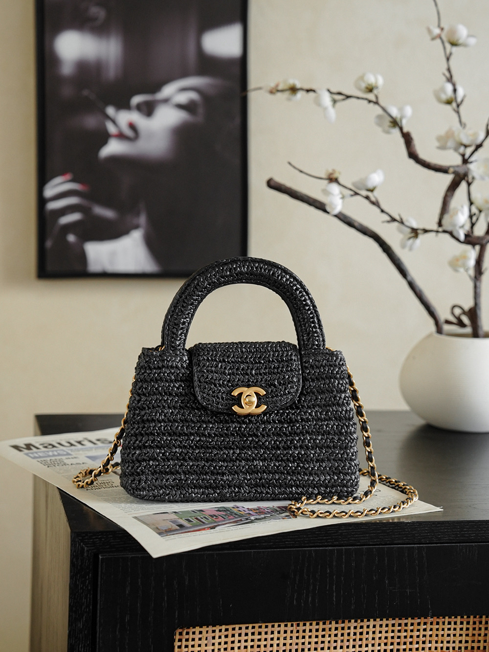CHANEL Braided Raffia Mini Shopping Bag Braided Raffia