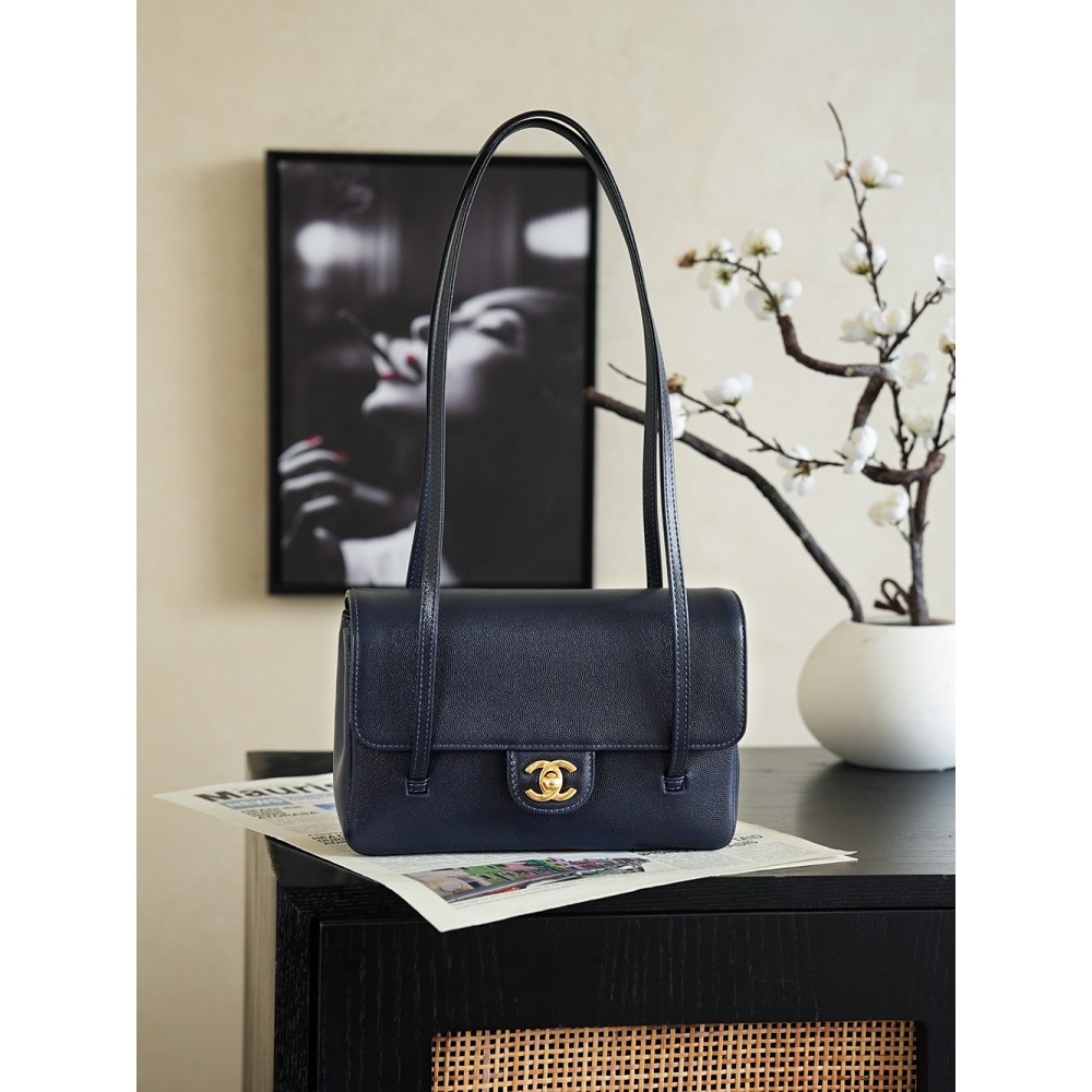 Chanel Small Flap Bag Grained Shiny Calfskin&Gold Tone Metal Dark Blue