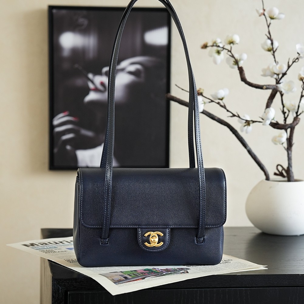 Chanel Small Flap Bag Grained Shiny Calfskin&Gold Tone Metal Dark Blue