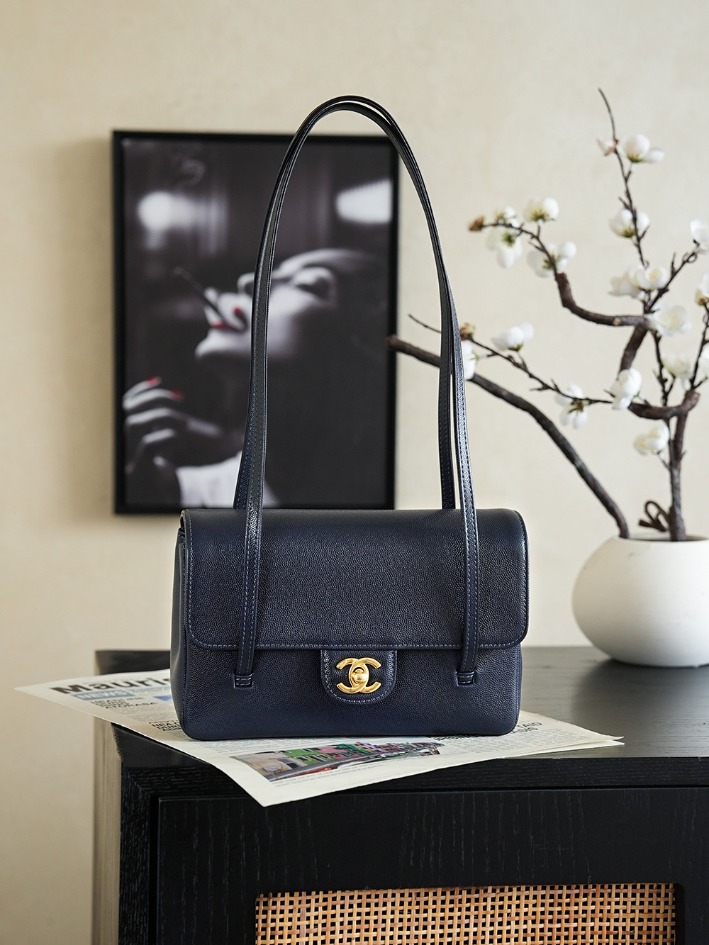 Chanel Small Flap Bag Grained Shiny Calfskin&Gold Tone Metal Dark Blue