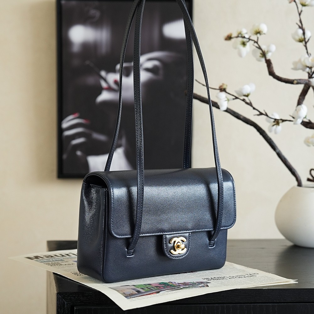 Chanel Small Flap Bag Grained Shiny Calfskin&Gold Tone Metal Dark Blue