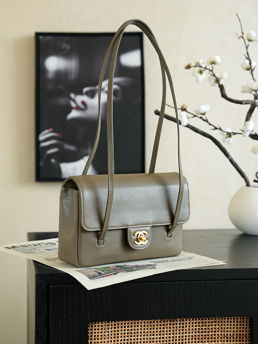 Chanel Small Flap Bag Grained Shiny Calfskin&Gold Tone Metal Grey