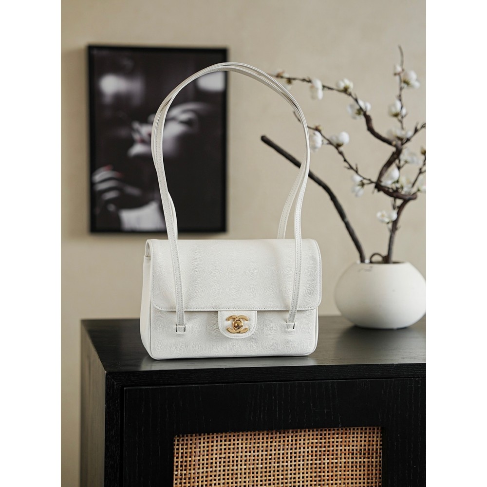 Chanel Small Flap Bag Grained Shiny Calfskin&Gold Tone Metal White