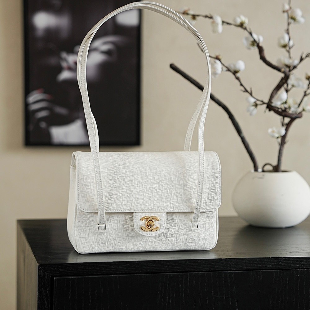 Chanel Small Flap Bag Grained Shiny Calfskin&Gold Tone Metal White