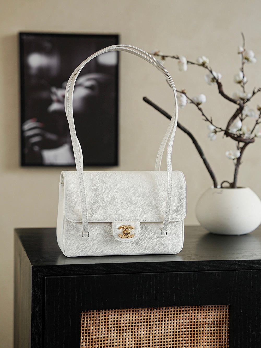 Chanel Small Flap Bag Grained Shiny Calfskin&Gold Tone Metal White