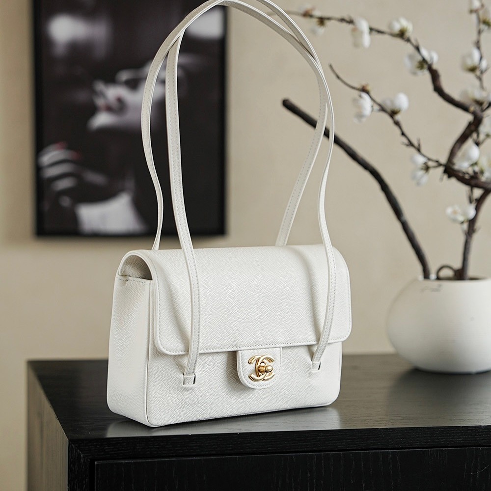 Chanel Small Flap Bag Grained Shiny Calfskin&Gold Tone Metal White