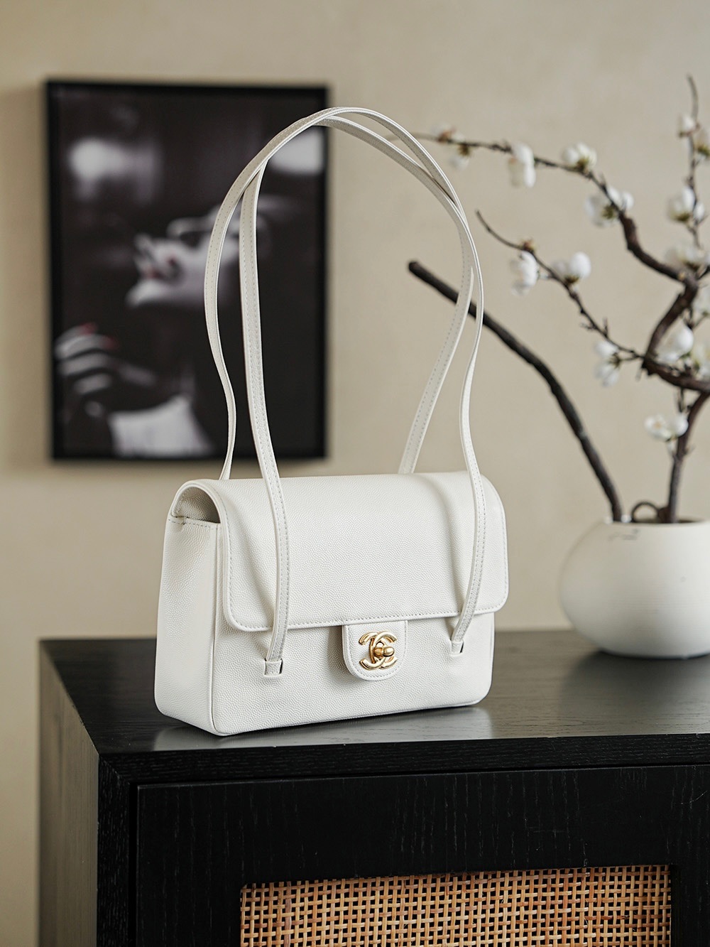Chanel Small Flap Bag Grained Shiny Calfskin&Gold Tone Metal White