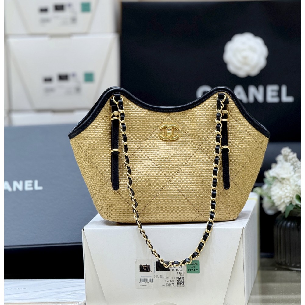 Chanel Maxi shopping bag, Braided raffia, calfskin & gold-tone Apricot