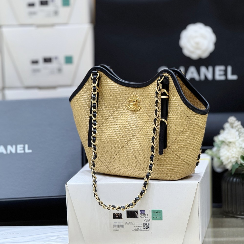 Chanel Maxi shopping bag, Braided raffia, calfskin & gold-tone Apricot