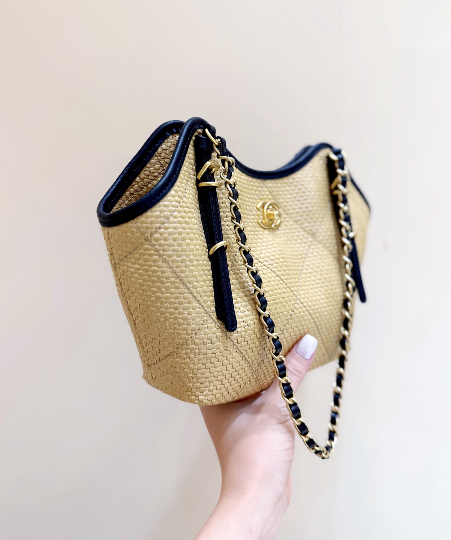 Chanel Maxi shopping bag, Braided raffia, calfskin & gold-tone Apricot