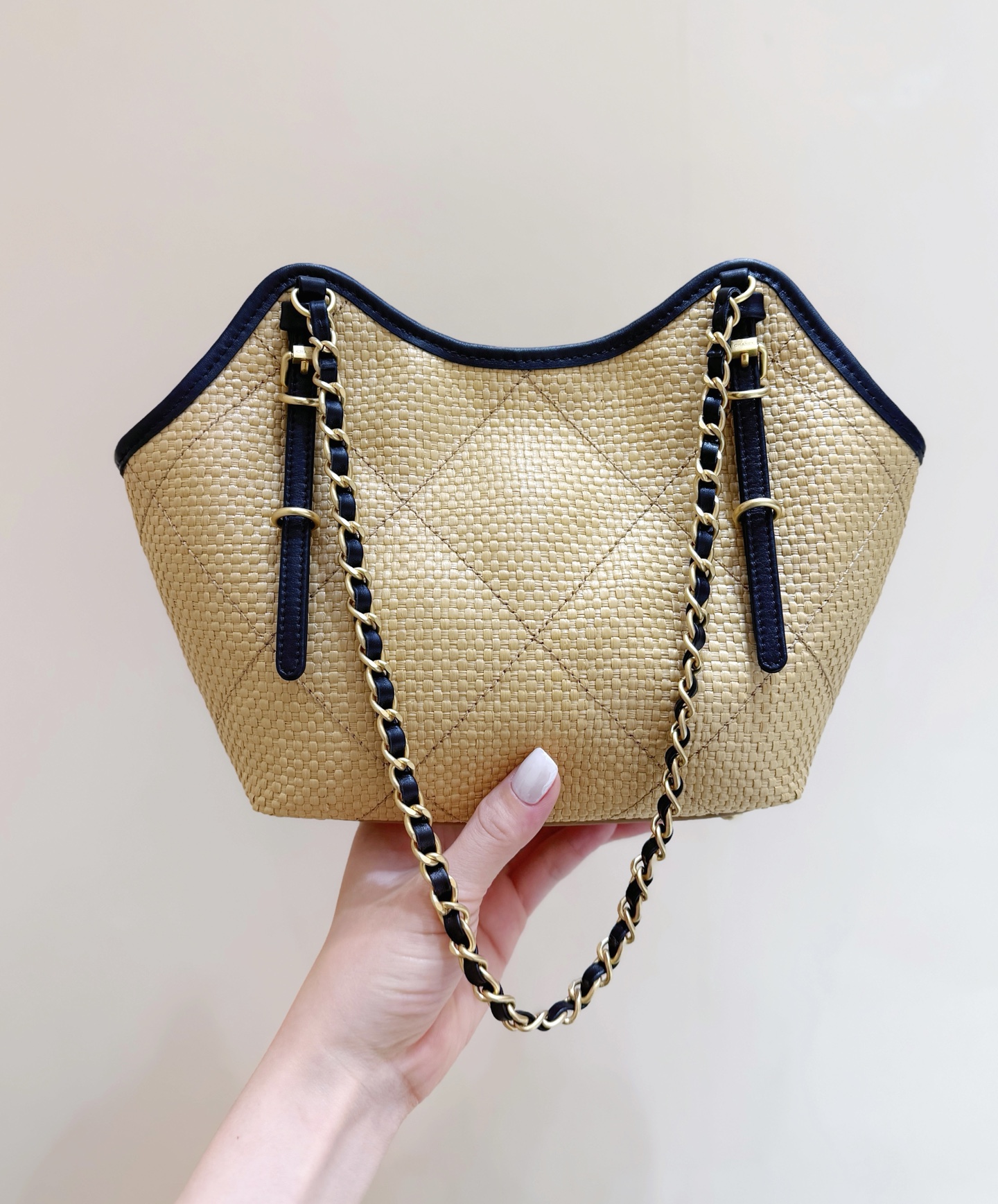 Chanel Maxi shopping bag, Braided raffia, calfskin & gold-tone Apricot