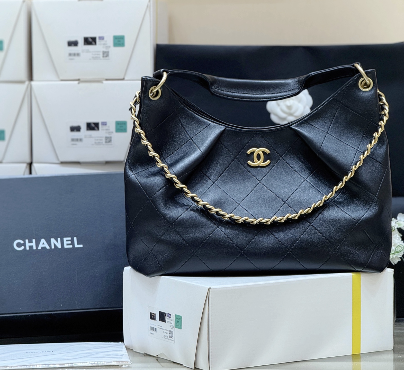 Chanel 26C Dumpling Hobo Black Leather Medium 