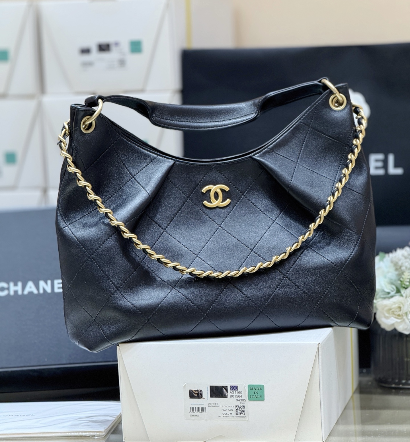 Chanel 26C Dumpling Hobo Black Leather Medium 