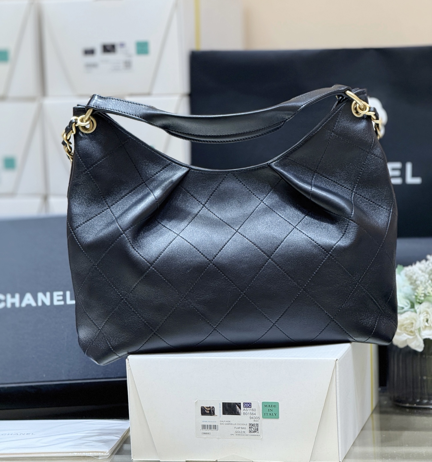 Chanel 26C Dumpling Hobo Black Leather Medium 