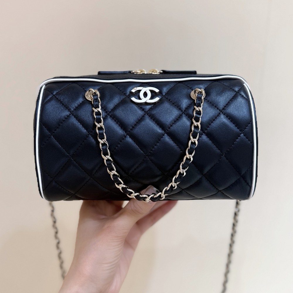 Chanel 25P Quilted Bowling Bag Lambskin Black