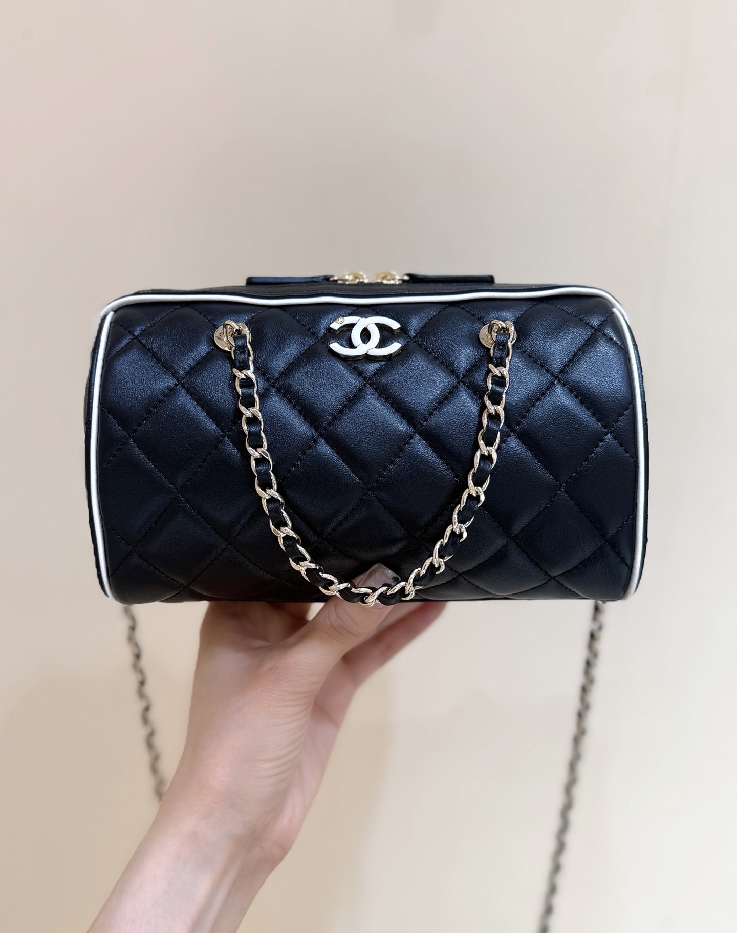 Chanel 25P Quilted Bowling Bag Lambskin Black