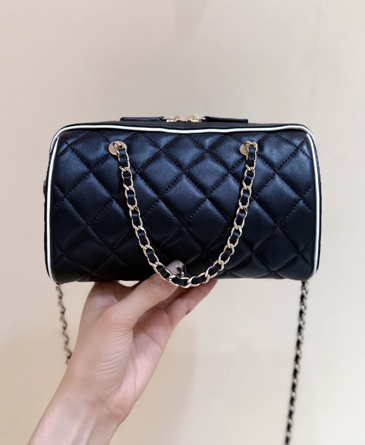 Chanel 25P Quilted Bowling Bag Lambskin Black