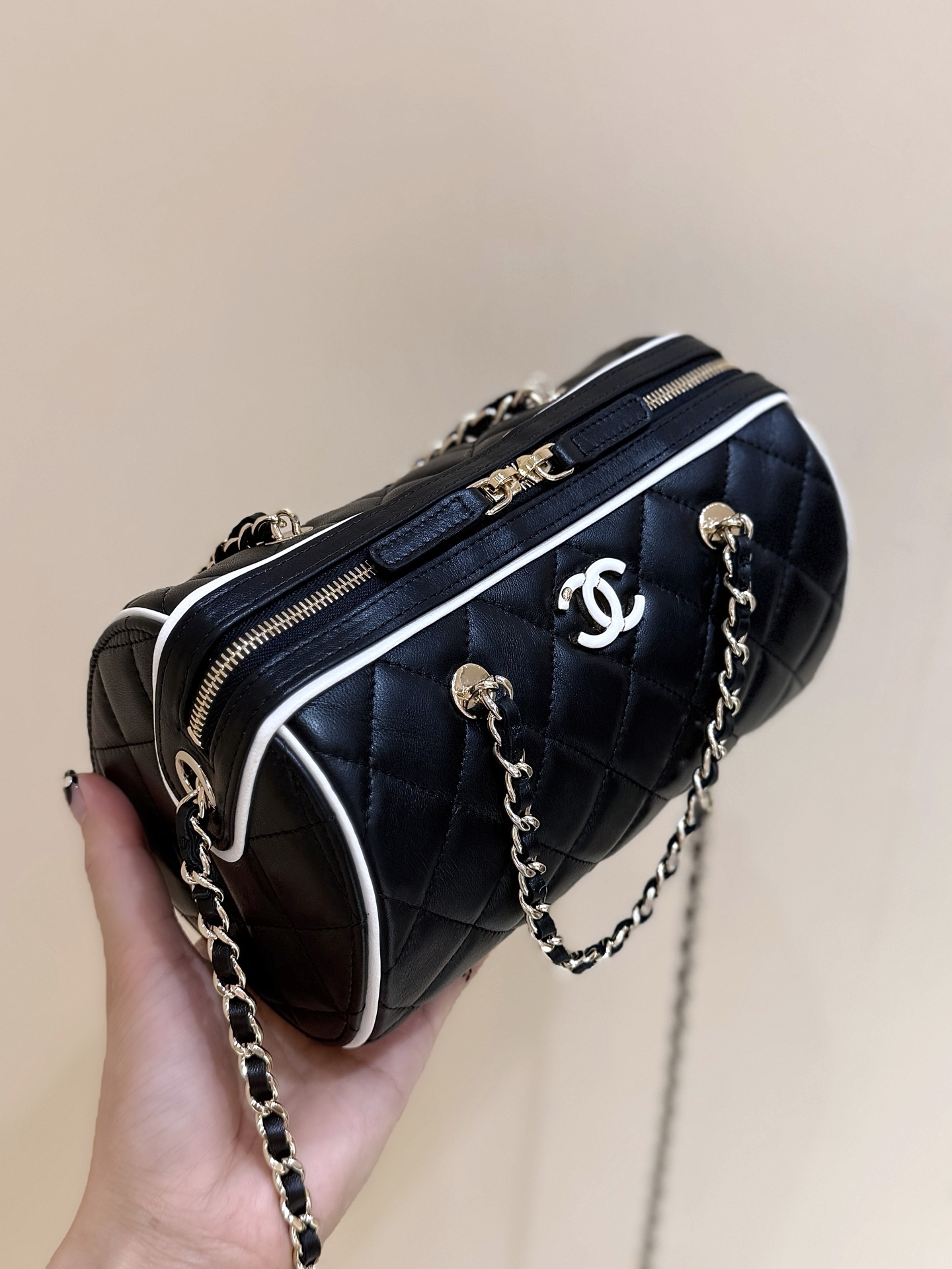 Chanel 25P Quilted Bowling Bag Lambskin Black