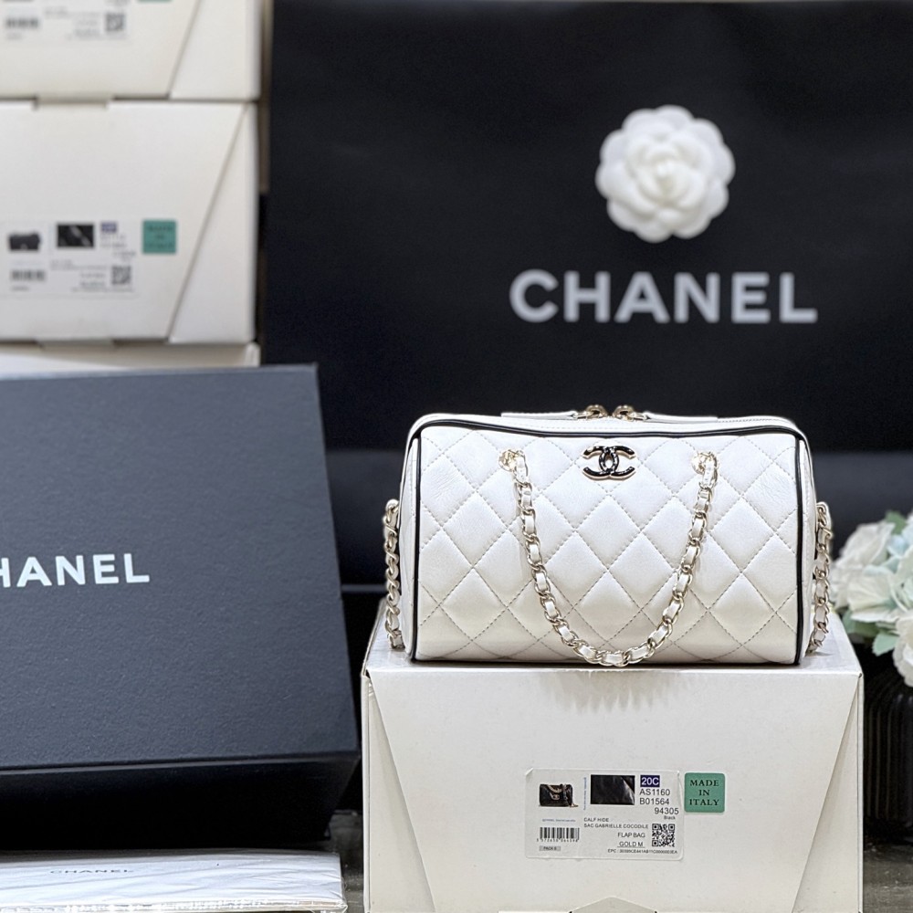 Chanel 25P Quilted Bowling Bag Lambskin White