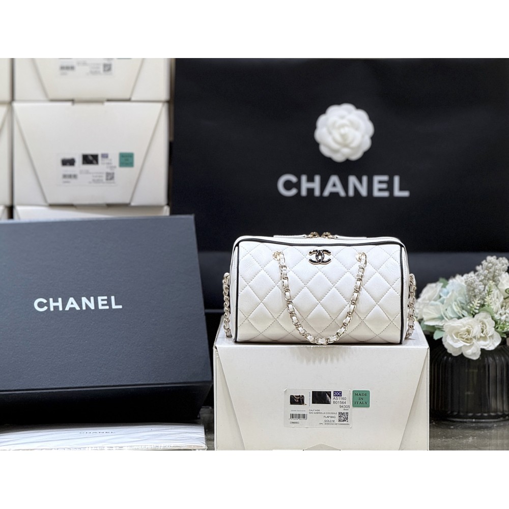 Chanel 25P Quilted Bowling Bag Lambskin White