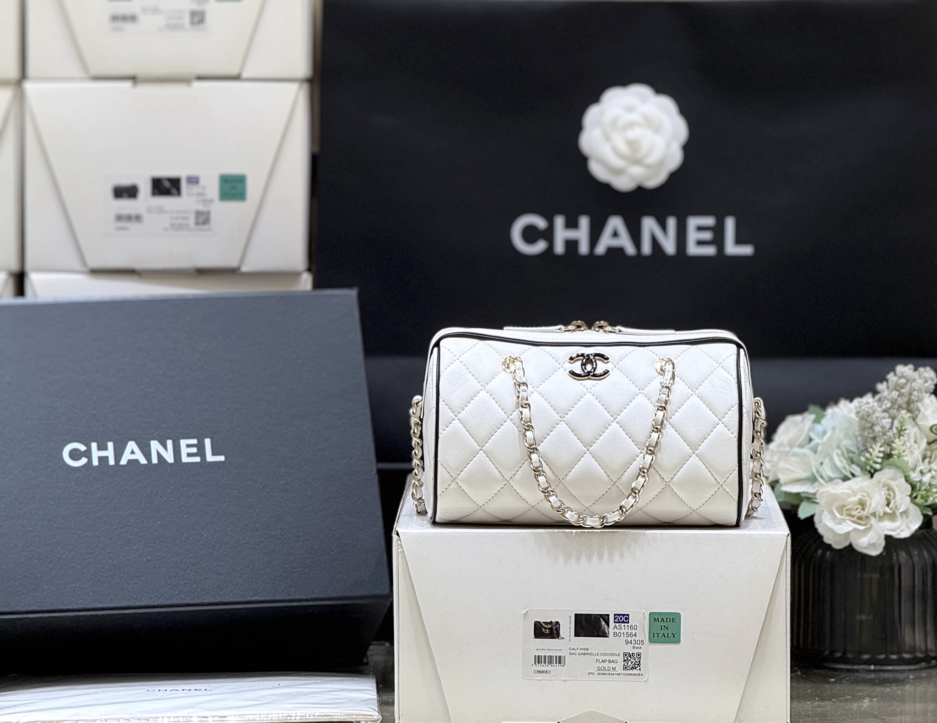 Chanel 25P Quilted Bowling Bag Lambskin White