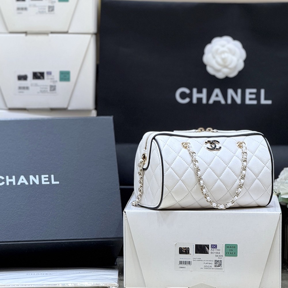 Chanel 25P Quilted Bowling Bag Lambskin White