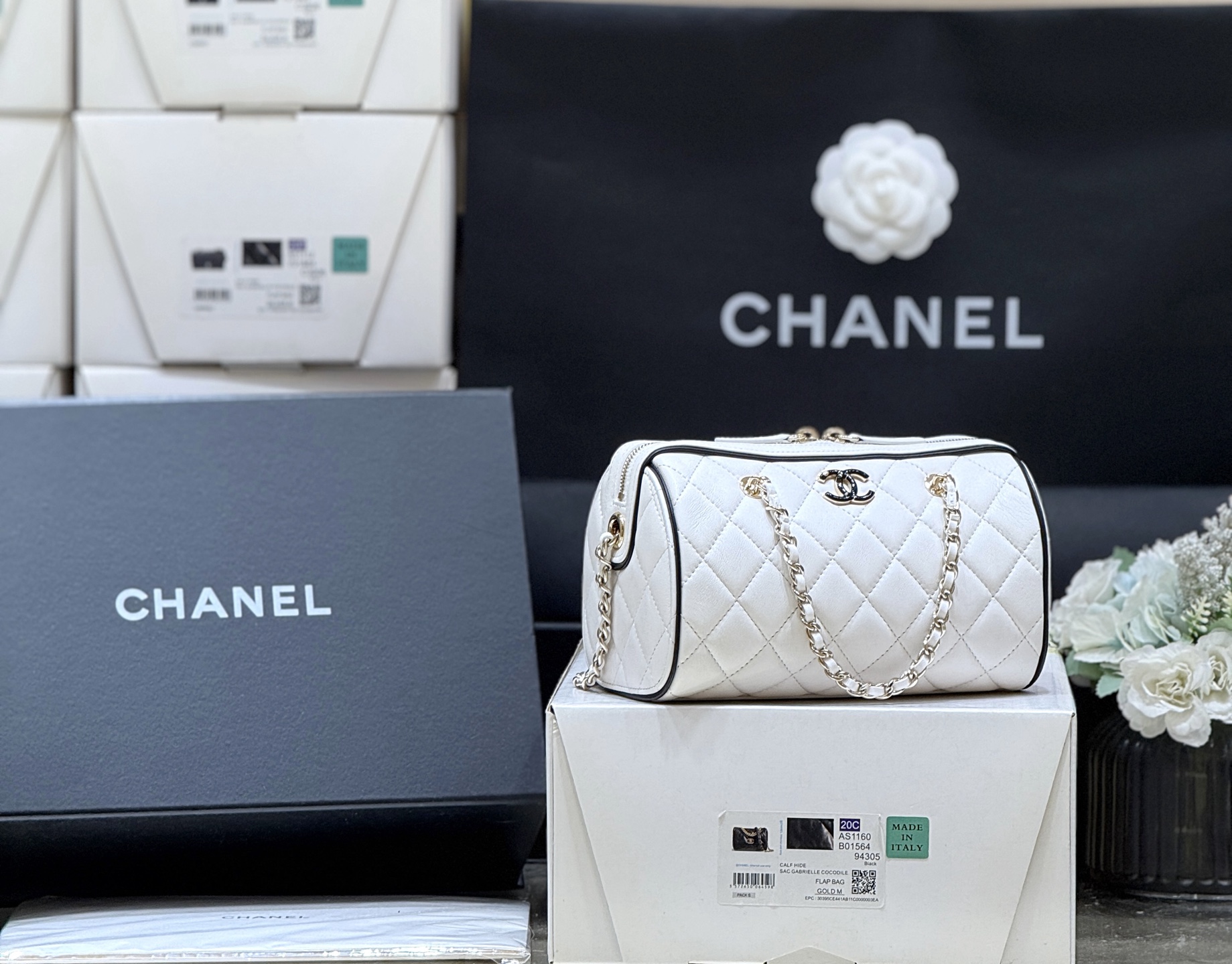 Chanel 25P Quilted Bowling Bag Lambskin White