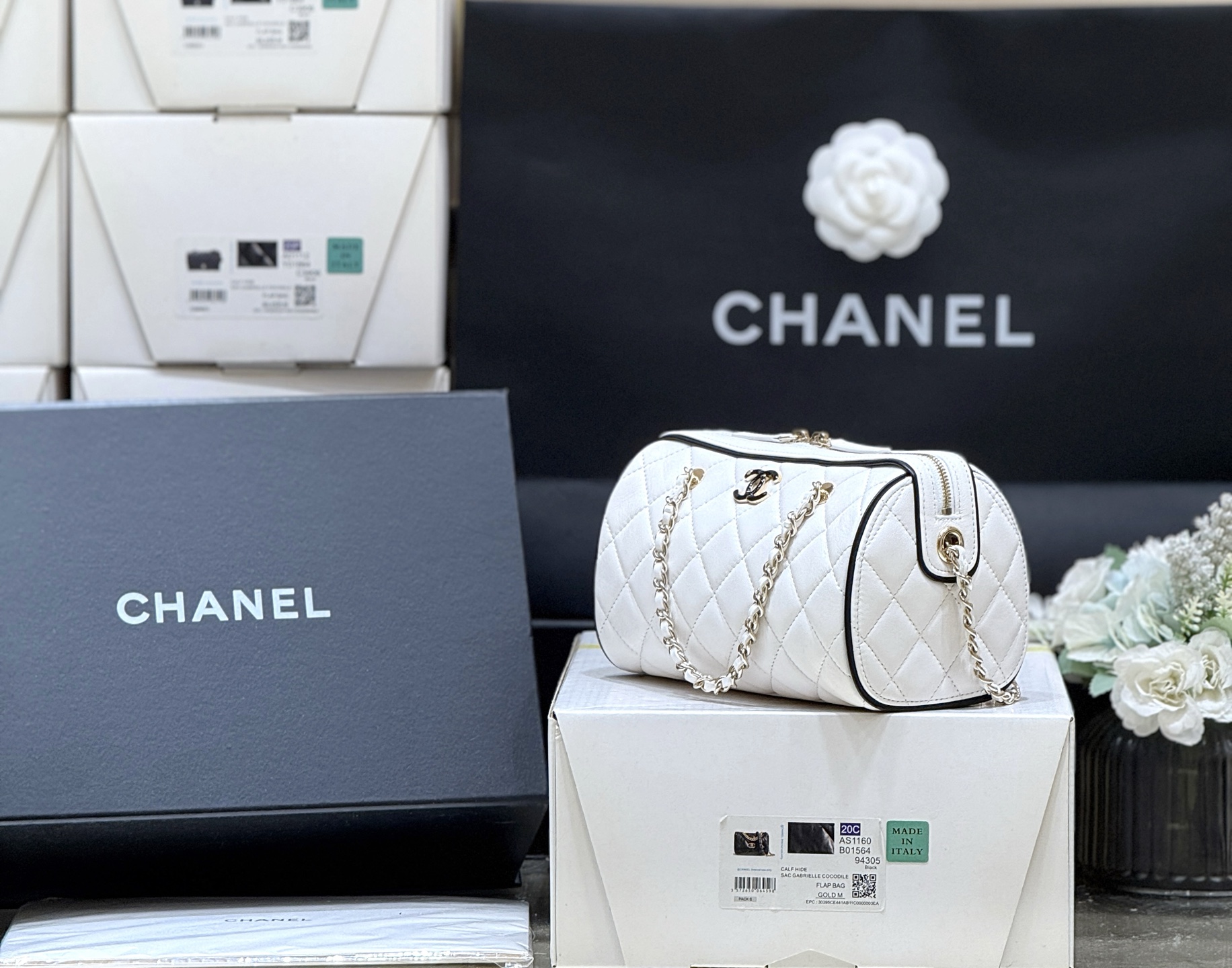 Chanel 25P Quilted Bowling Bag Lambskin White