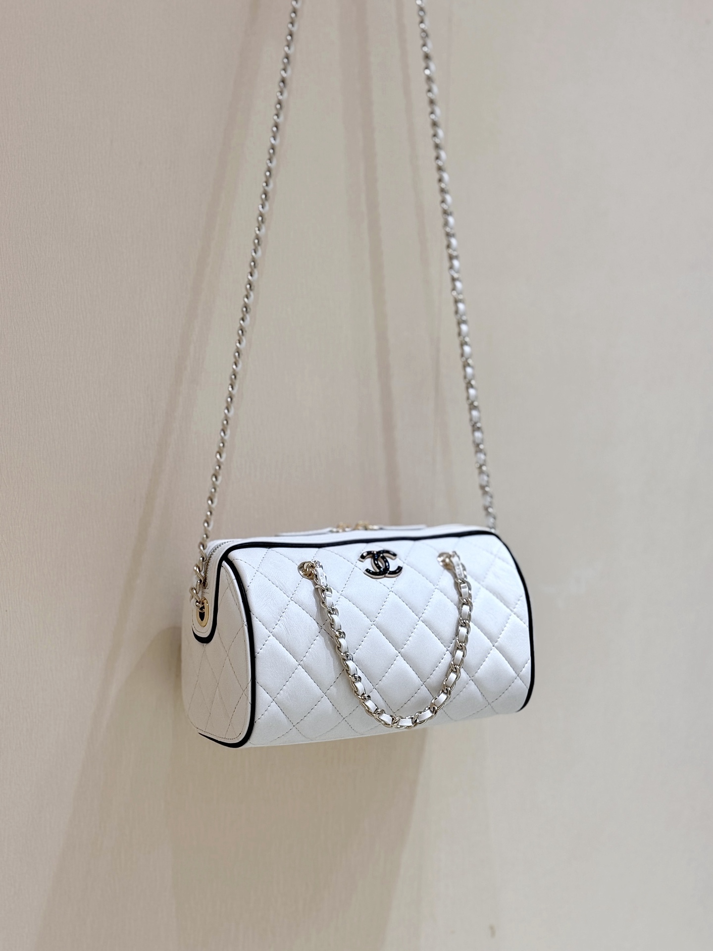Chanel 25P Quilted Bowling Bag Lambskin White