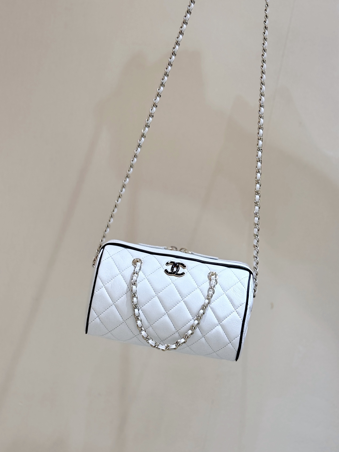 Chanel 25P Quilted Bowling Bag Lambskin White