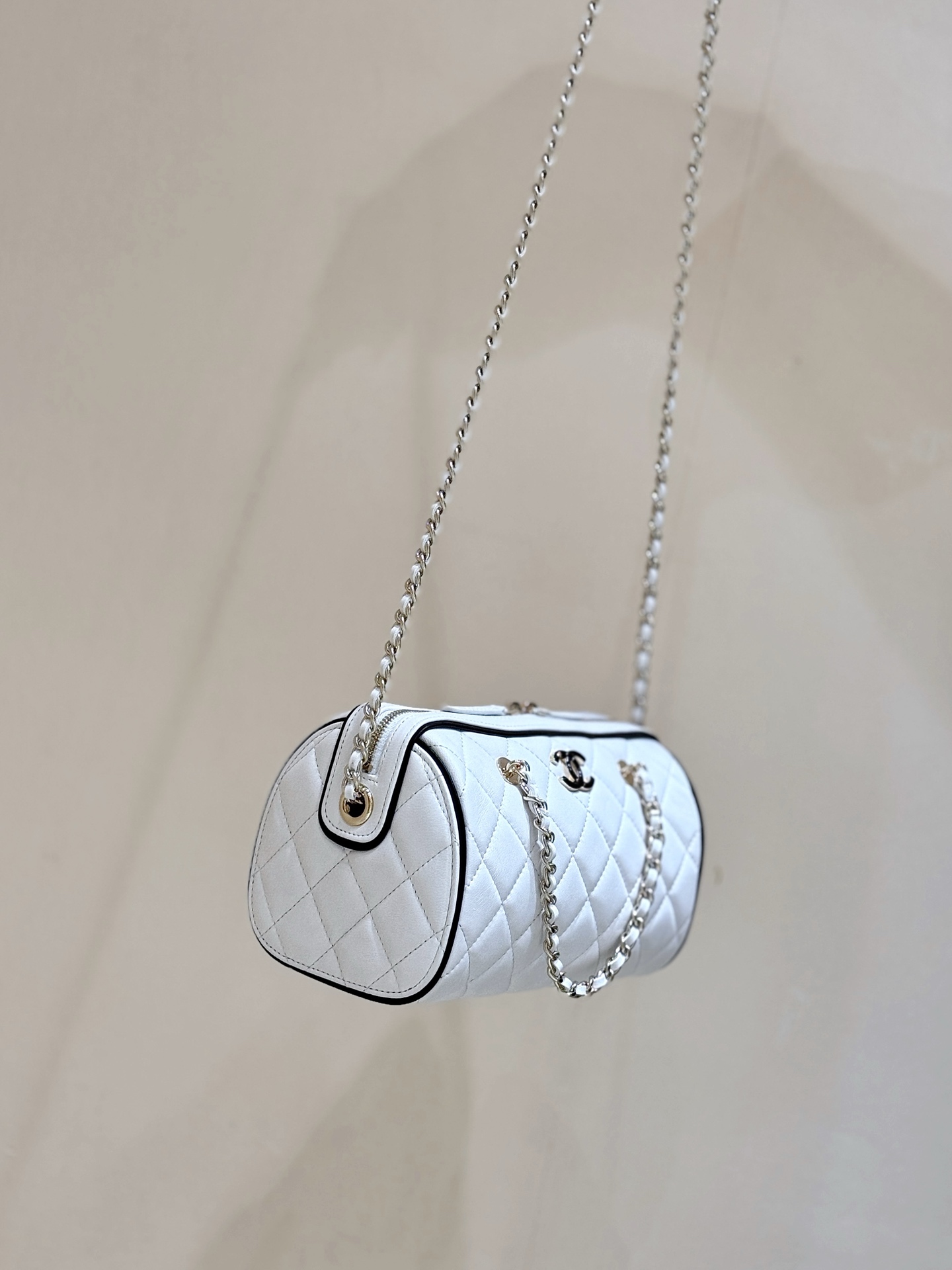 Chanel 25P Quilted Bowling Bag Lambskin White