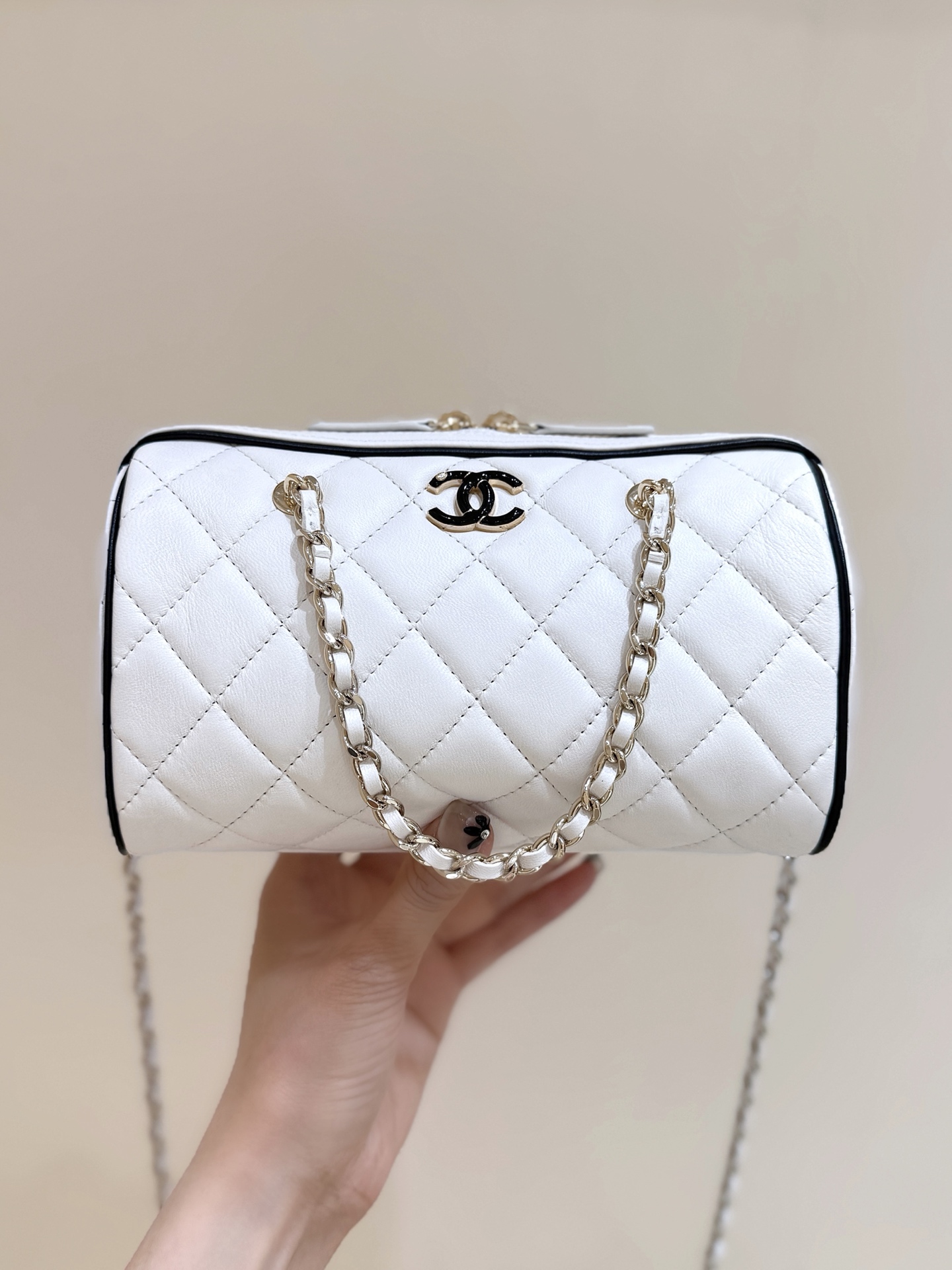 Chanel 25P Quilted Bowling Bag Lambskin White