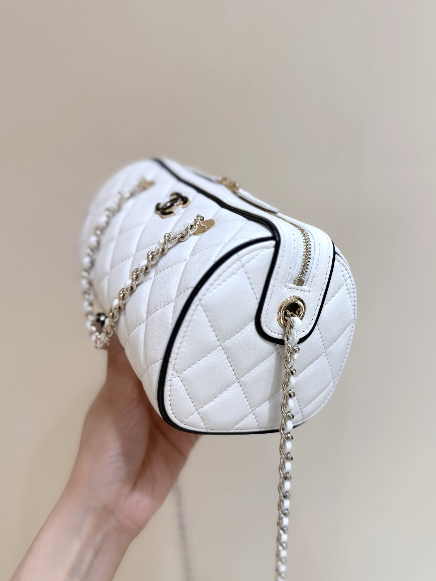 Chanel 25P Quilted Bowling Bag Lambskin White