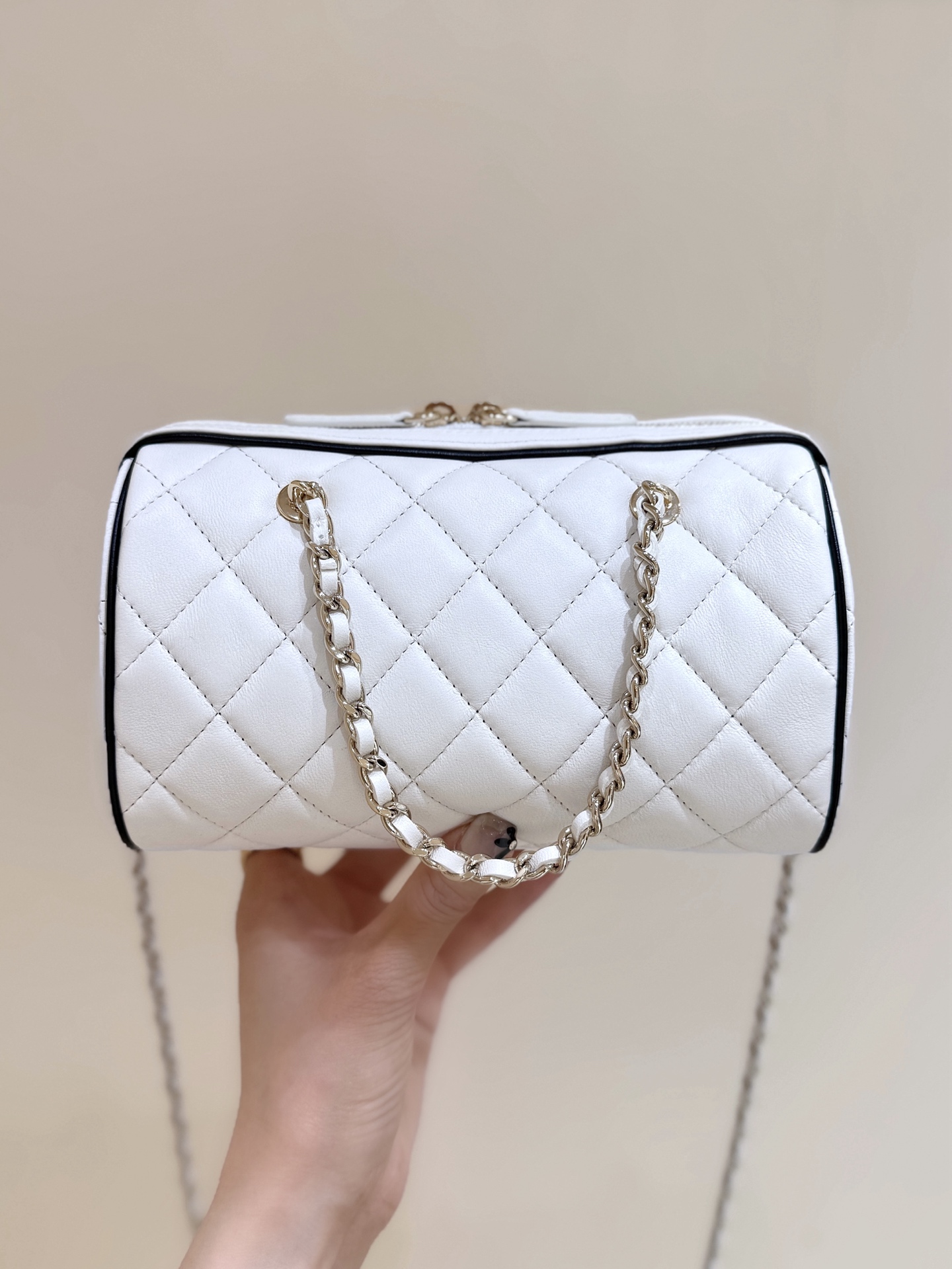 Chanel 25P Quilted Bowling Bag Lambskin White