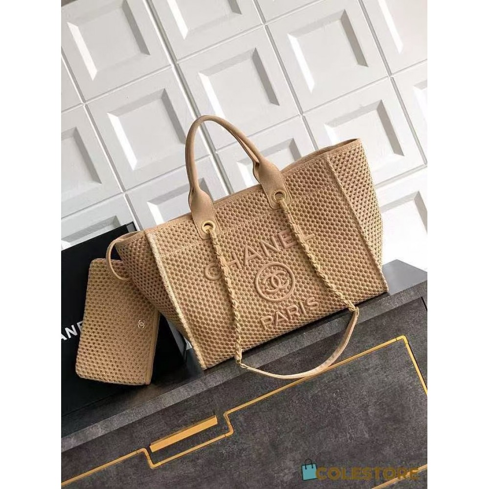 Chanel Straw Suede Calfskin Medium Deauville Tote Beige