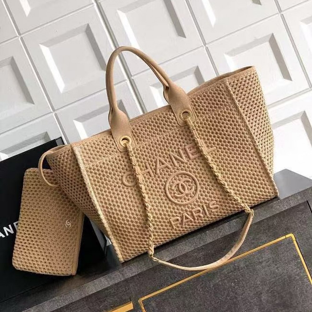 Chanel Straw Suede Calfskin Medium Deauville Tote Beige