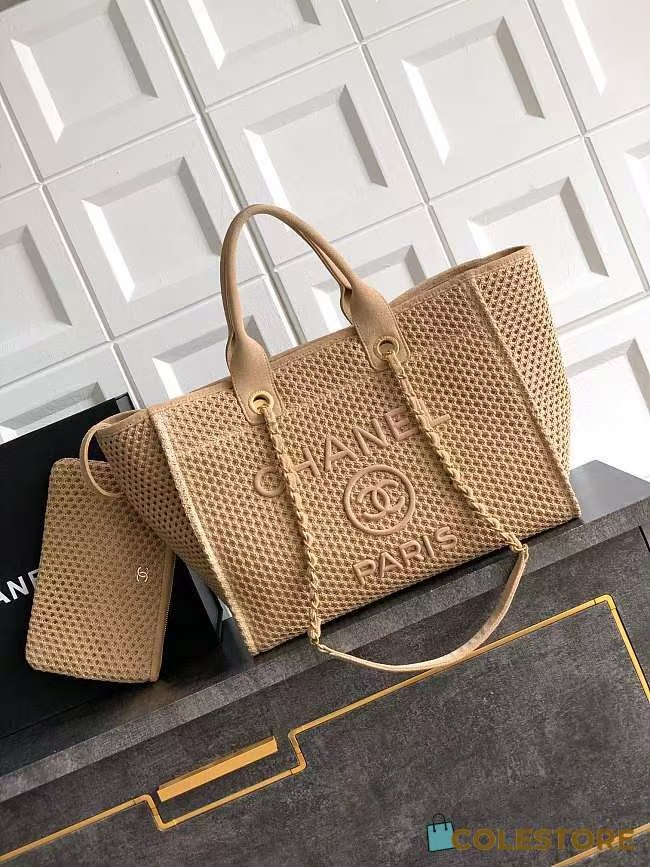 Chanel Straw Suede Calfskin Medium Deauville Tote Beige