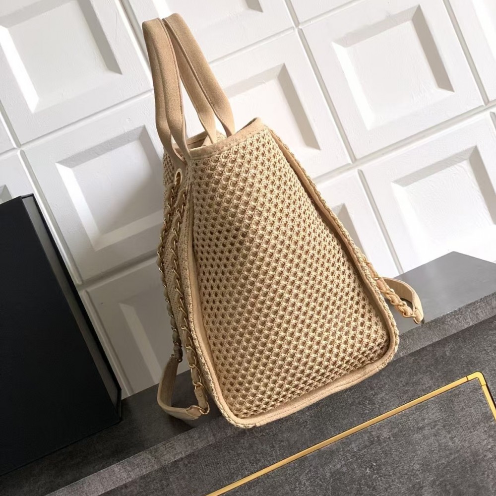 Chanel Straw Suede Calfskin Medium Deauville Tote Beige