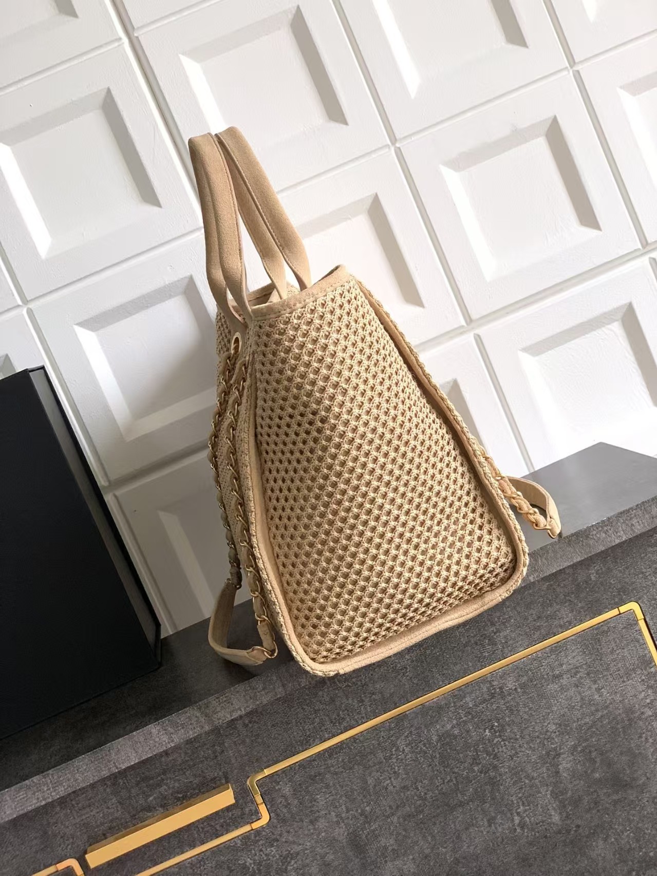 Chanel Straw Suede Calfskin Medium Deauville Tote Beige
