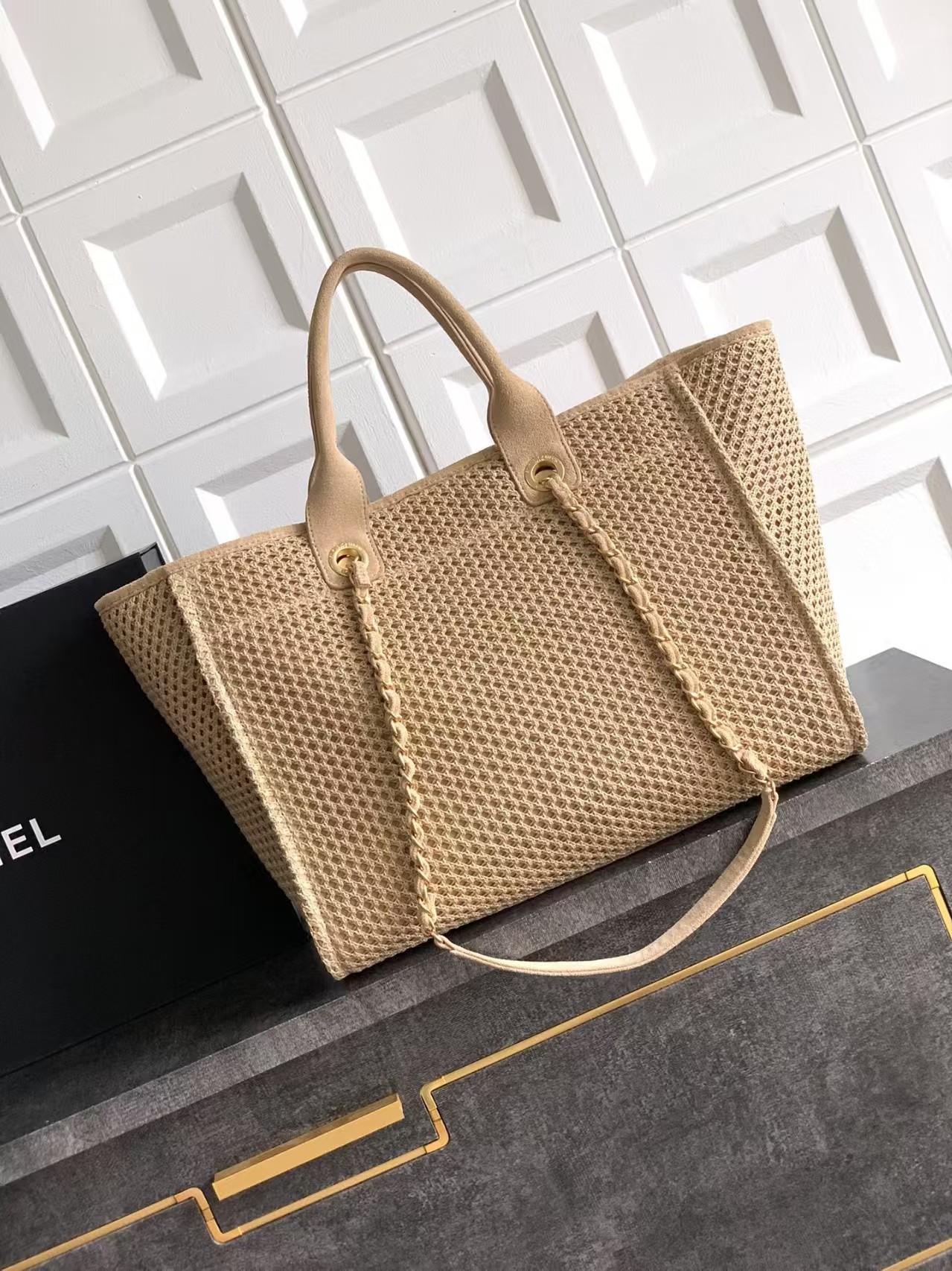 Chanel Straw Suede Calfskin Medium Deauville Tote Beige