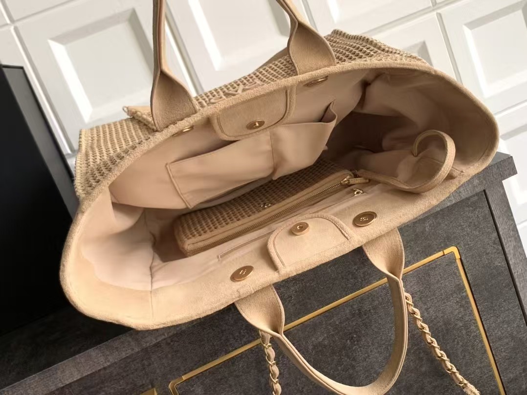Chanel Straw Suede Calfskin Medium Deauville Tote Beige