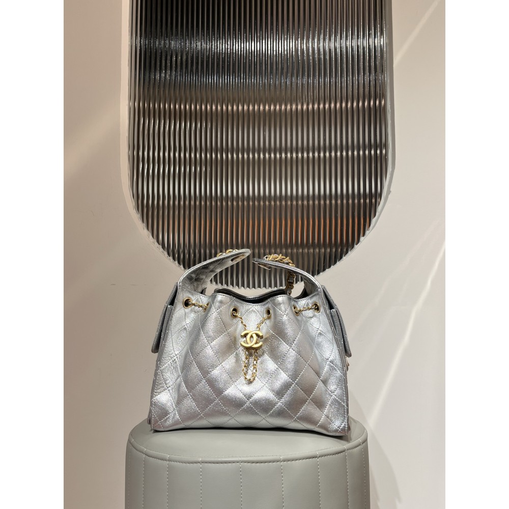 CHANEL 25 Mini Handbag Calfskin & Gold-Tone Metal Silver