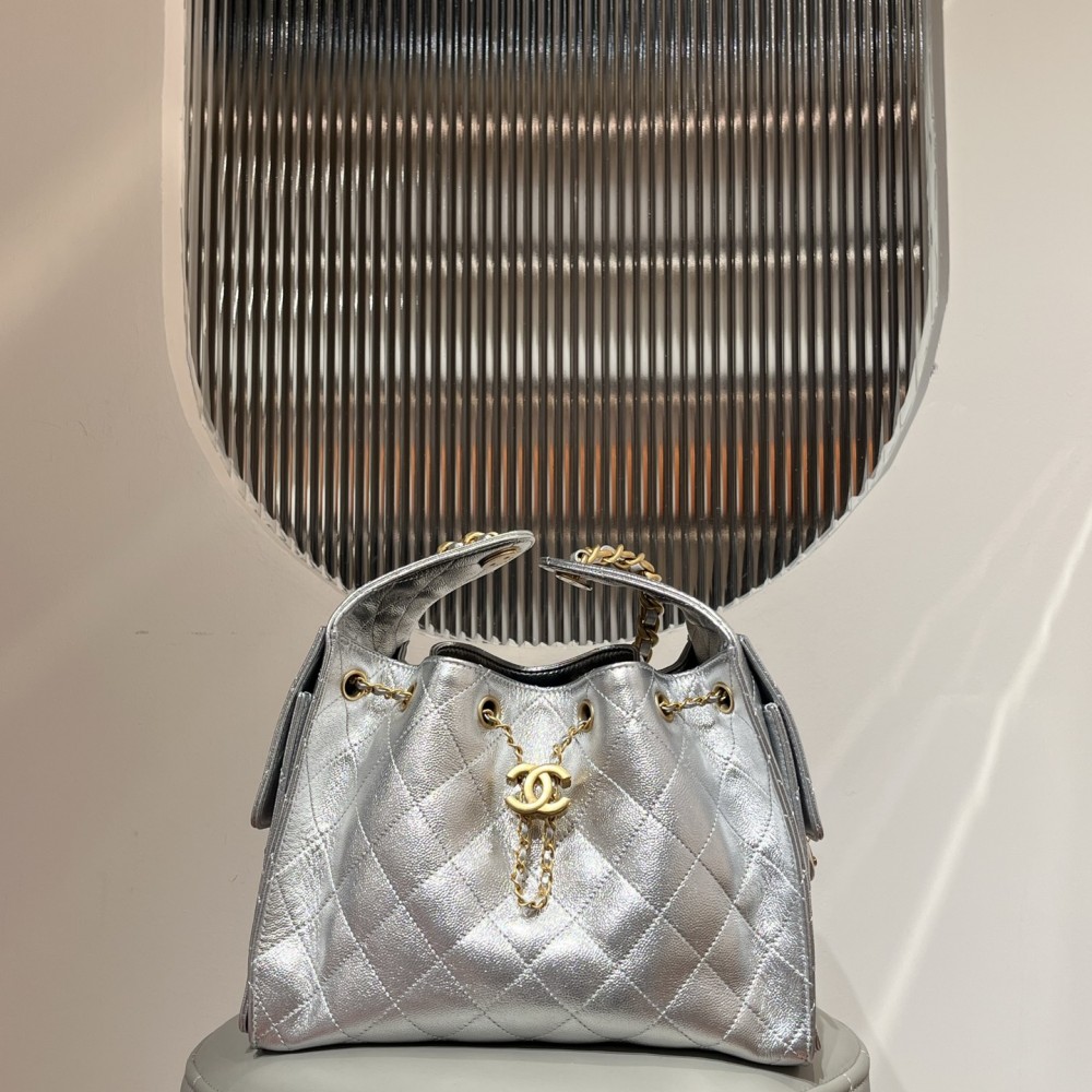 CHANEL 25 Mini Handbag Calfskin & Gold-Tone Metal Silver