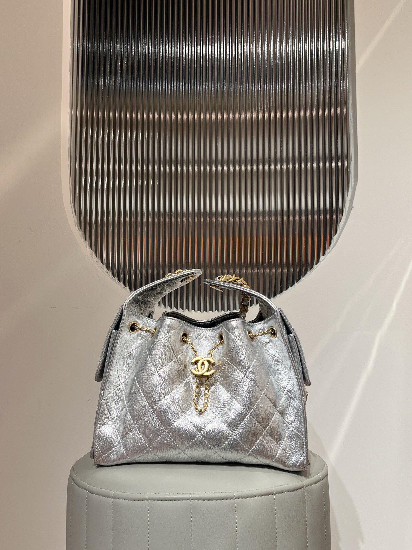CHANEL 25 Mini Handbag Calfskin & Gold-Tone Metal Silver