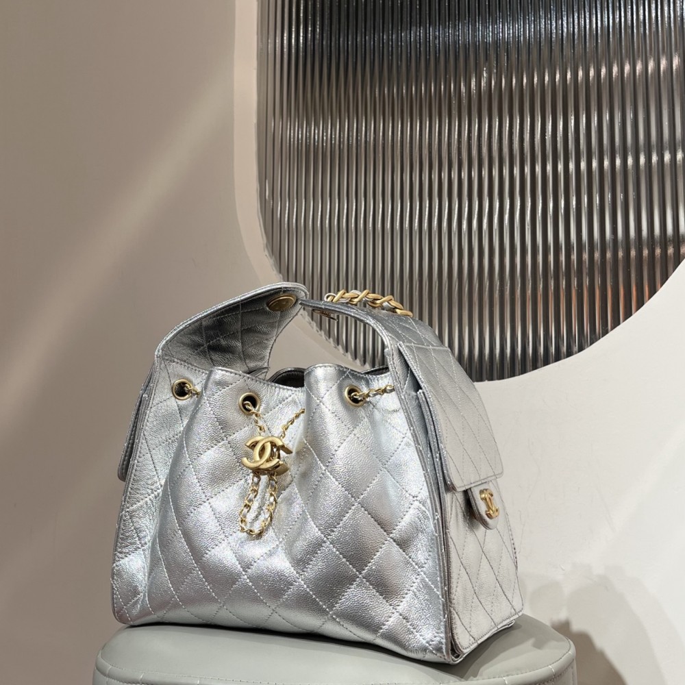 CHANEL 25 Mini Handbag Calfskin & Gold-Tone Metal Silver